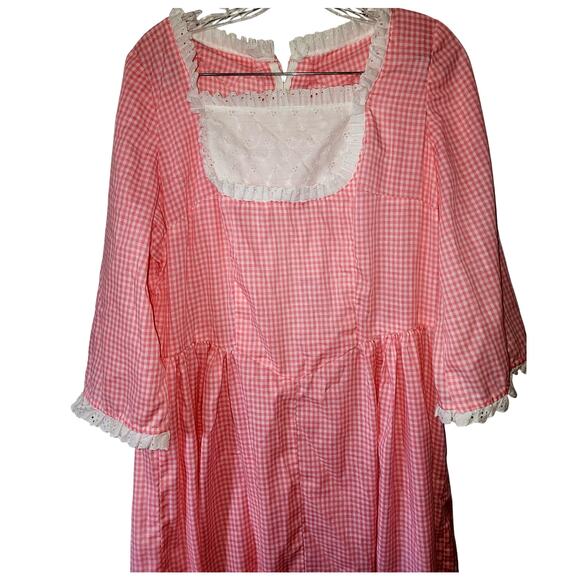 Vintage Handmade Pink Gingham Prairie Cottagecore Lace Maxi Dress L/XL - Picture 4 of 7
